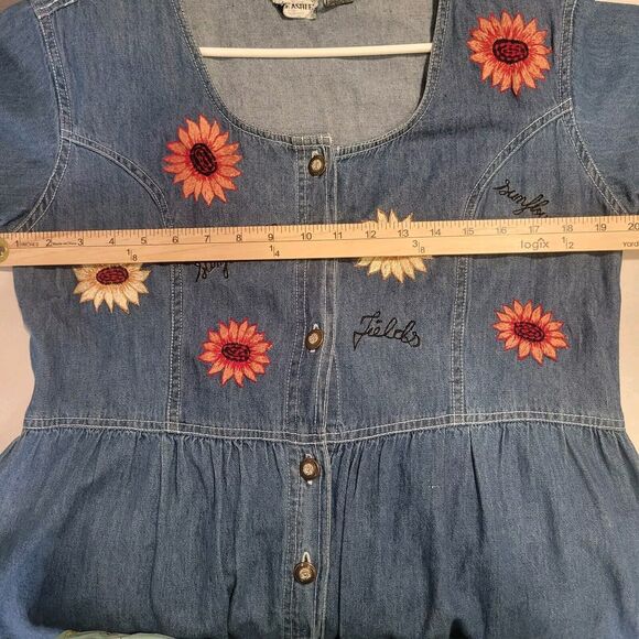 Jane Ashley VTG Denim Embroidered sunflower dress LG grannycore cottagecore boho - Picture 7 of 10